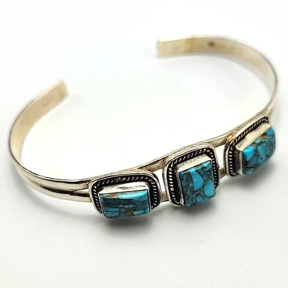 Kingman Blue Copper Turquoise 925 Sterling Silver Cuff Bracelet Hanmade Stamped